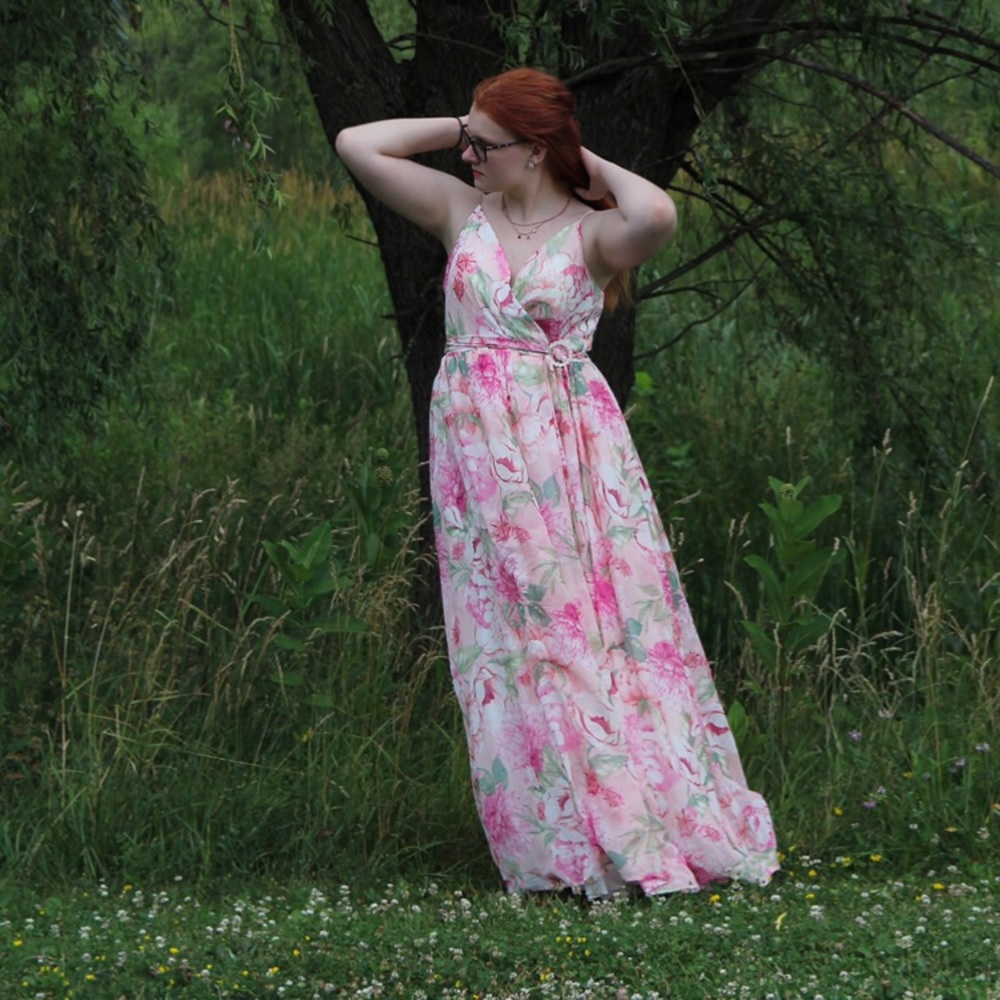 Pink floral prom ball gown